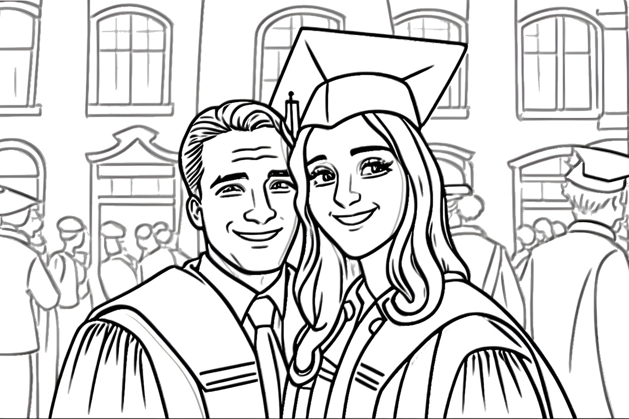 A graduation coloring page created from a photo with PortraitArt App