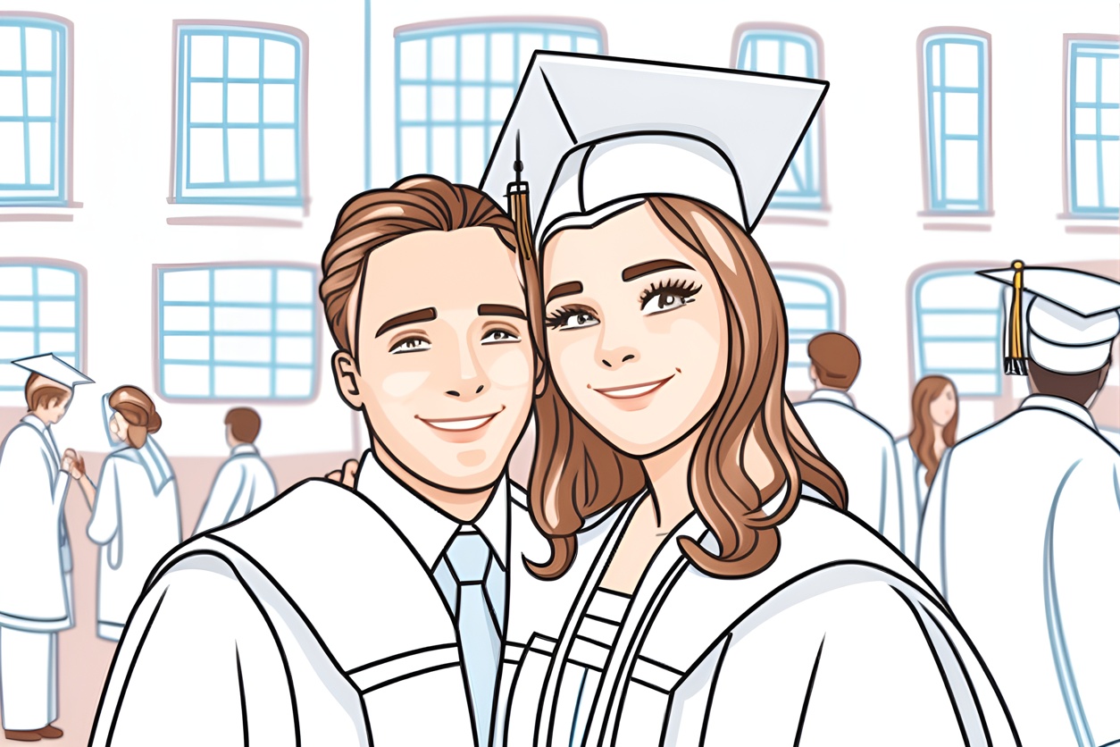 Line art picture of a graduate and advisor at graduation ceremony, converted from a reference photo by generative AI similar as MidJourney and ChatGPT