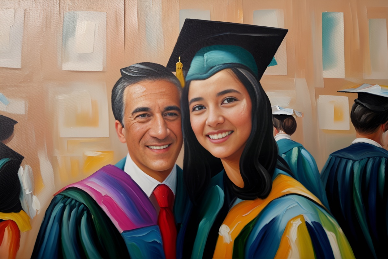 Oil painting of a graduation group photo, converted from a reference photo by generative AI similar as MidJourney and ChatGPT