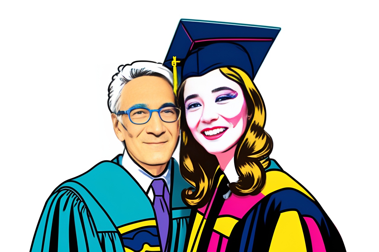 Pop art picture of a graduate and advisor at graduation ceremony, converted from a reference photo by generative AI similar as MidJourney and ChatGPT