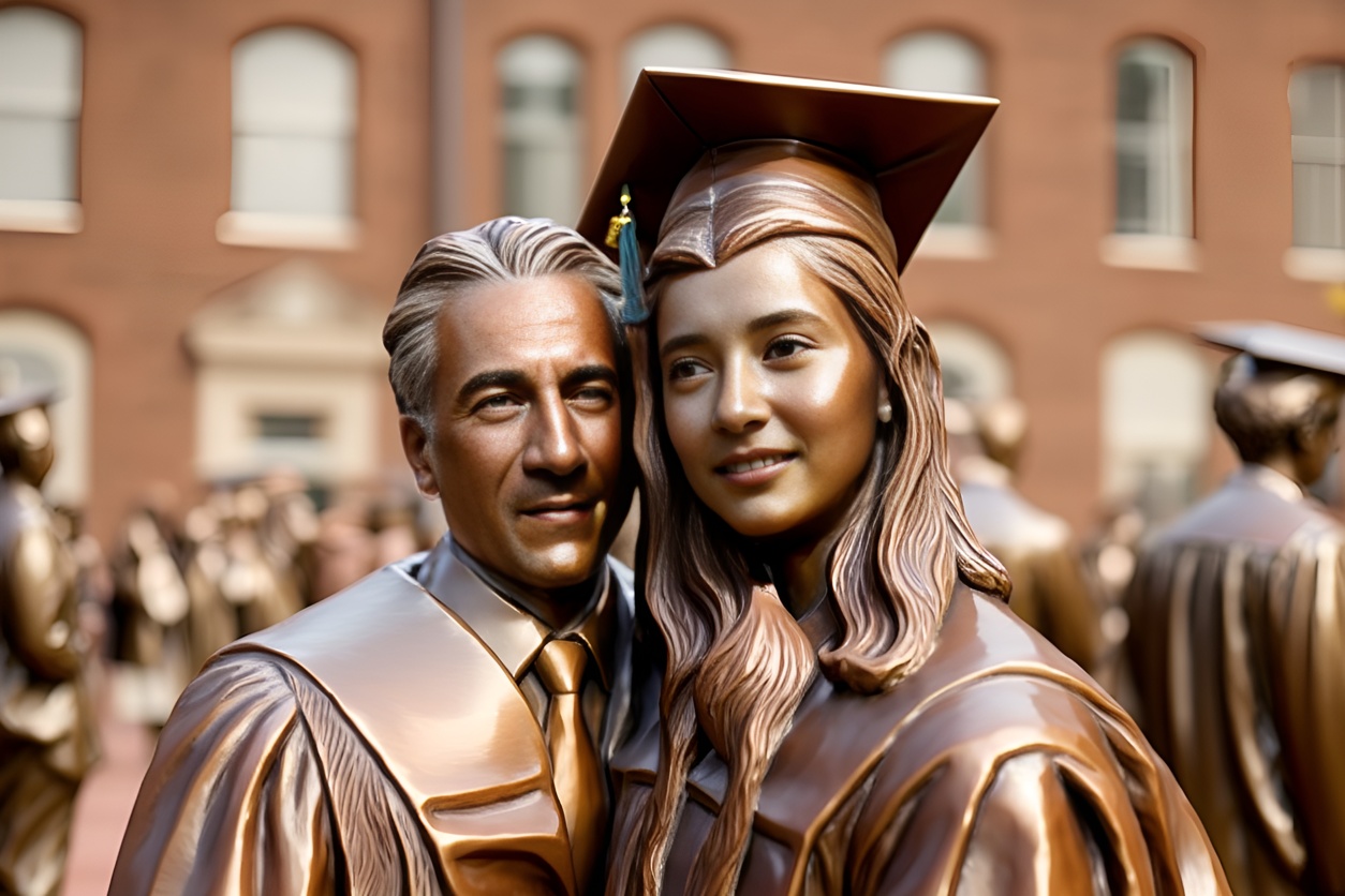 Sculpture of a graduate and advisor at graduation ceremony, converted from a reference photo by generative AI similar as MidJourney and ChatGPT