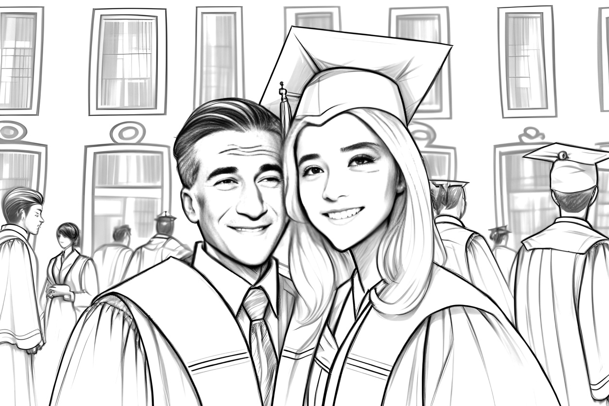 Line sketch drawing of a graduation group photo, converted from a reference photo by generative AI similar as MidJourney and ChatGPT