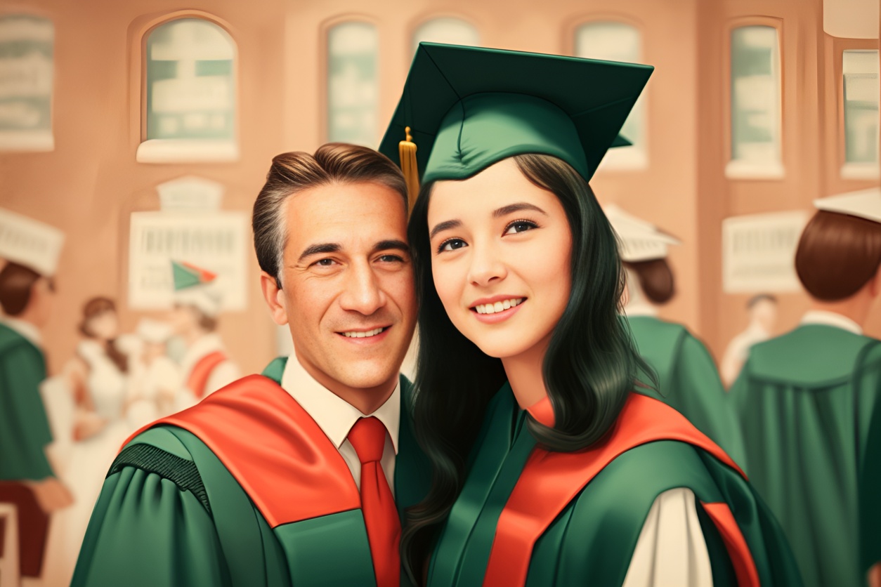 Vintage painting of a graduate and advisor at graduation ceremony, converted from a reference photo by generative AI similar as MidJourney and ChatGPT