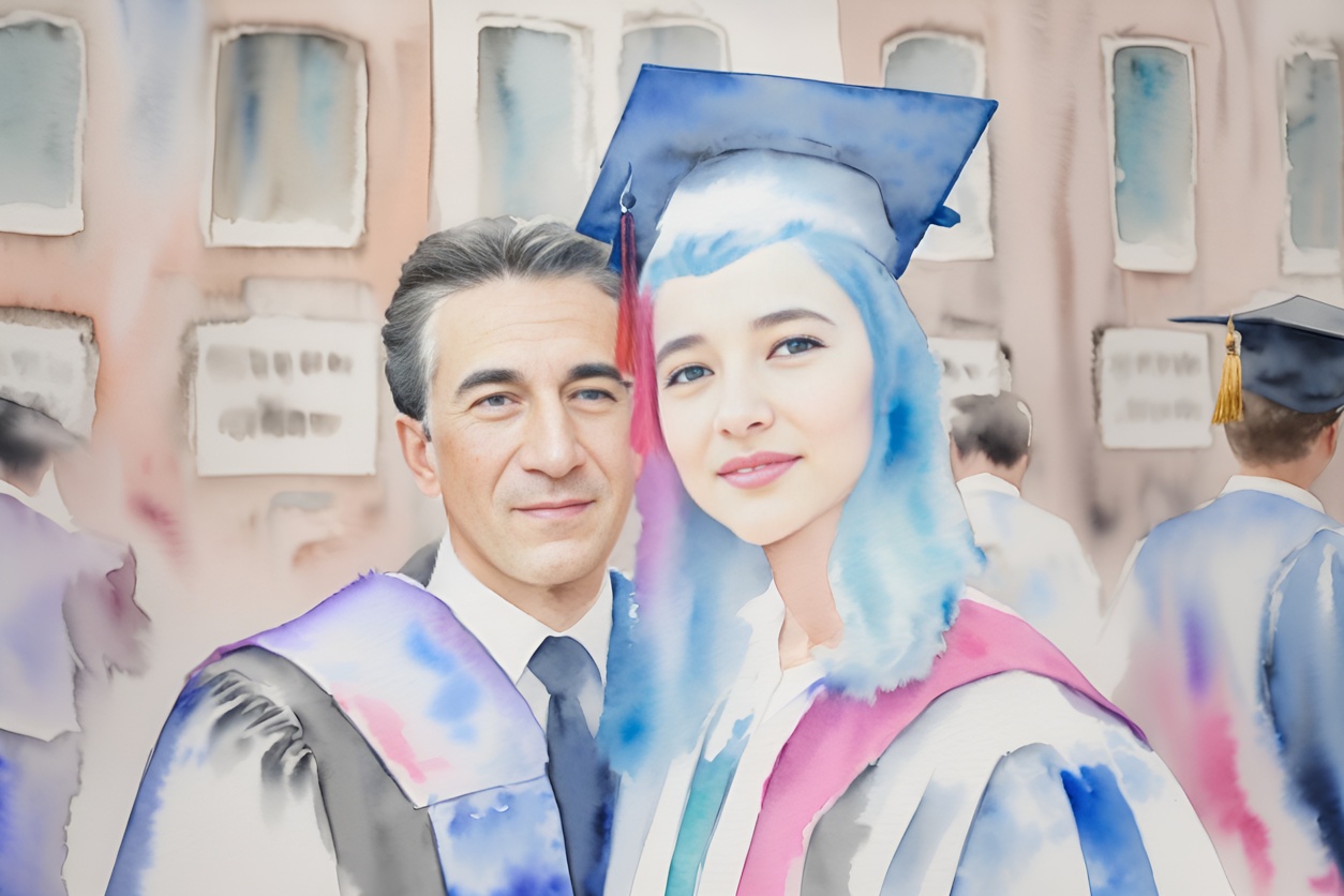 Watercolor painting of a graduation group photo, converted from a reference photo by generative AI similar as MidJourney and ChatGPT