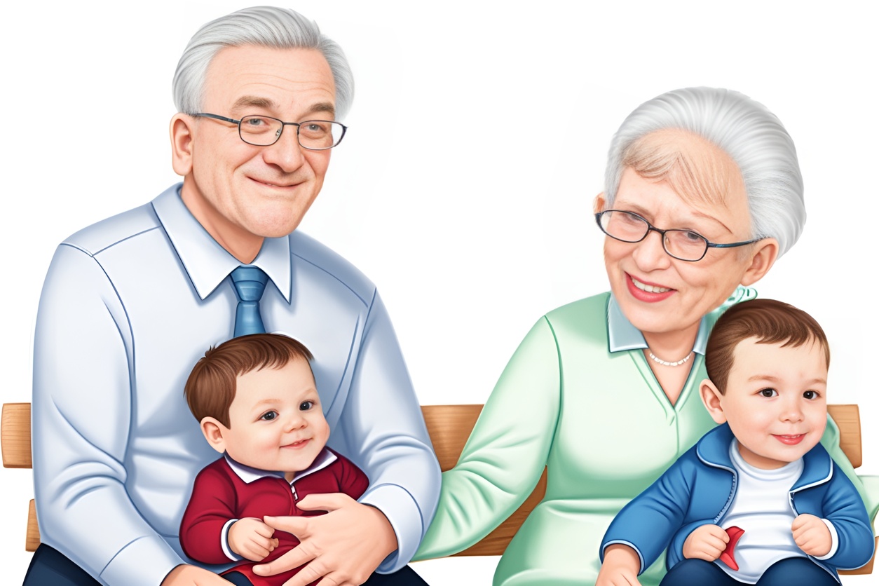 Caricature picture of grandparents and grandchiren, created from a reference photo by a generative AI app
