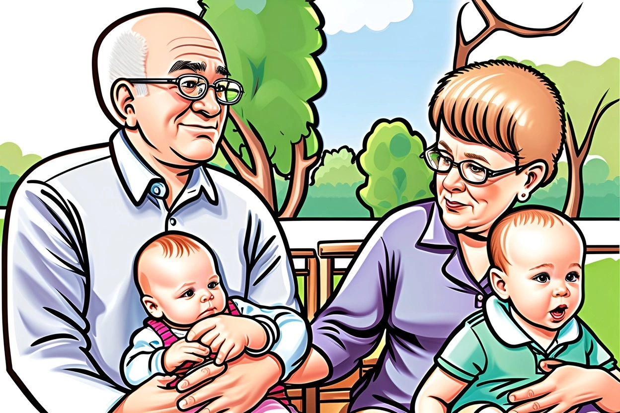 Caricature picture of grandparents and grandchiren, created from a reference photo by a generative AI app