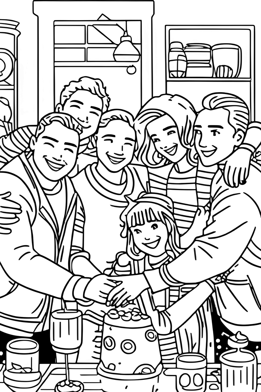 Coloring page of a group of people, created from a reference photo by generative AI similar as MidJourney and ChatGPT