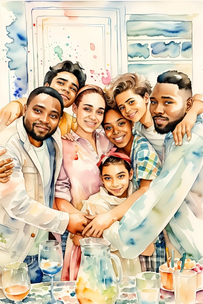 Watercolor painting of a group of people, created from a reference photo by generative AI similar as MidJourney and ChatGPT