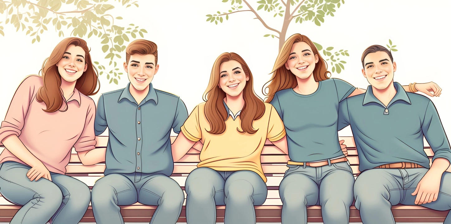 Cartoon drawing of a group of friends, created from a reference photo by generative AI