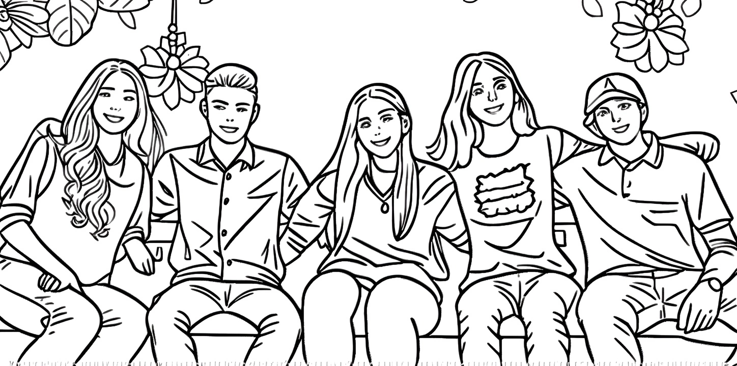 Coloring page of a group of friends, created from a reference photo by generative AI