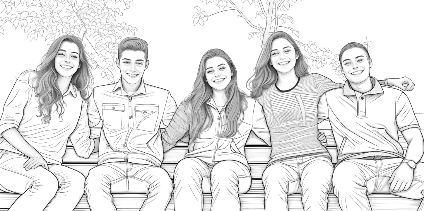 Line sketch drawing of a group of friends, created from a reference photo by generative AI