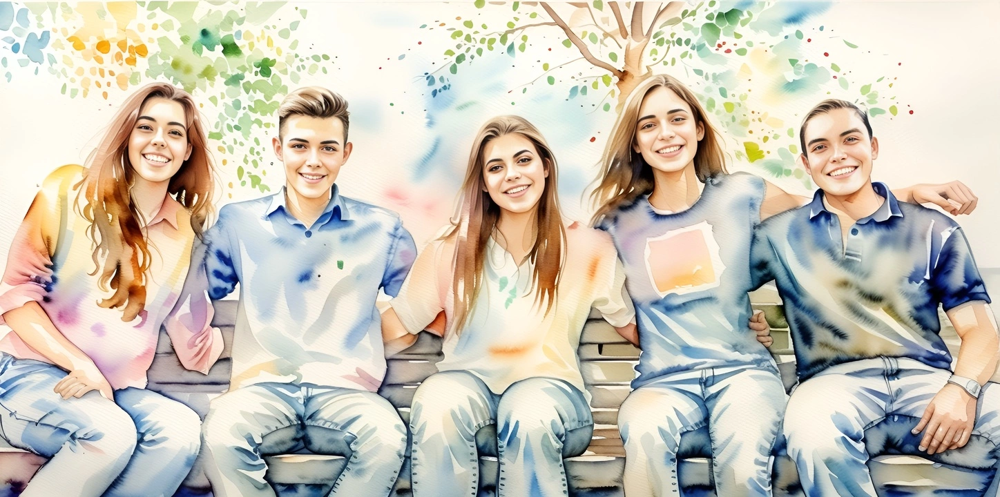 Watercolor painting of a group of friends, created from a reference photo by generative AI