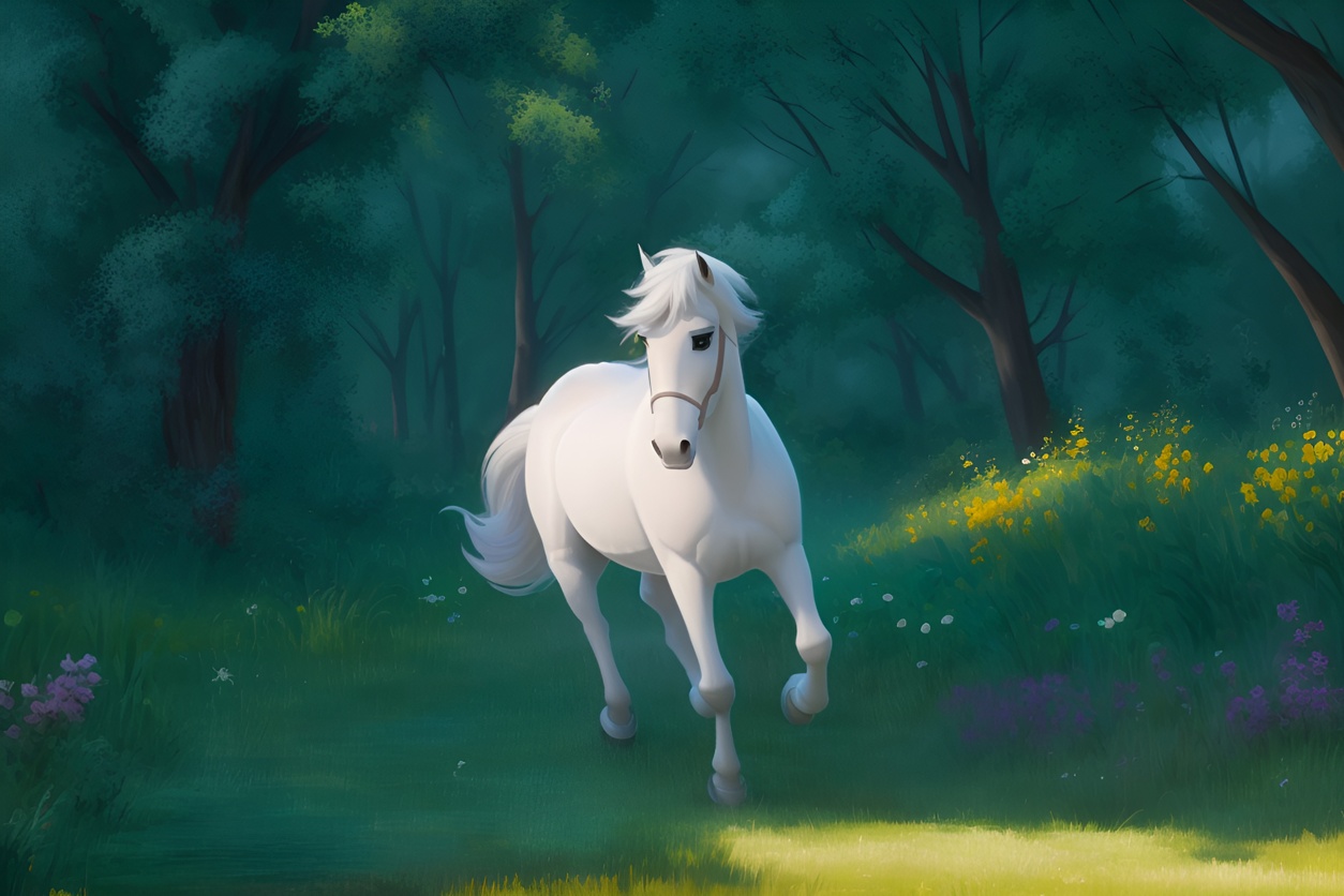 3D cartoon of a running white horse, created from a reference photo by generative AI similar as MidJourney and ChatGPT