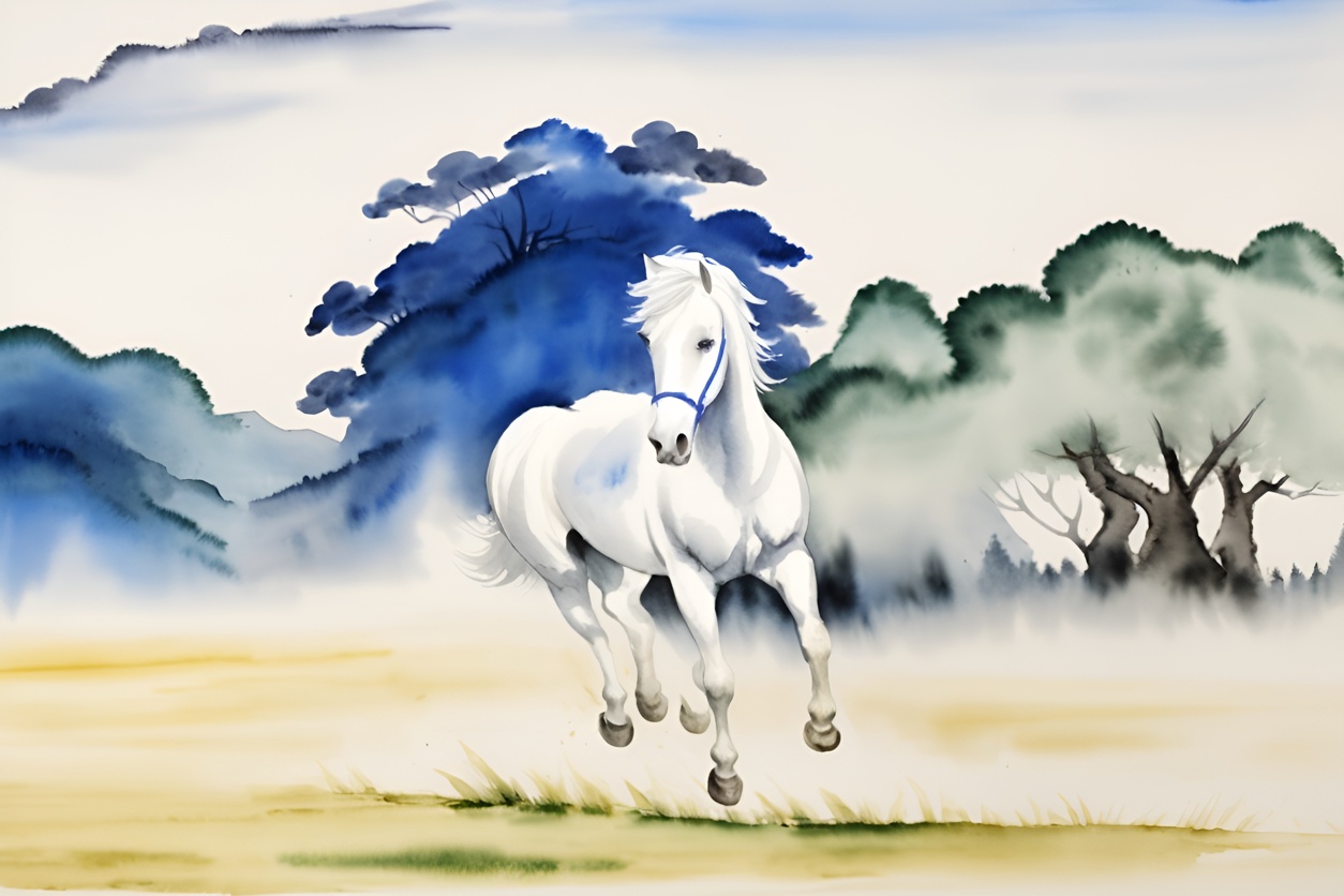 Chinese traditional painting of a running white horse, created from a reference photo by generative AI similar as MidJourney and ChatGPT