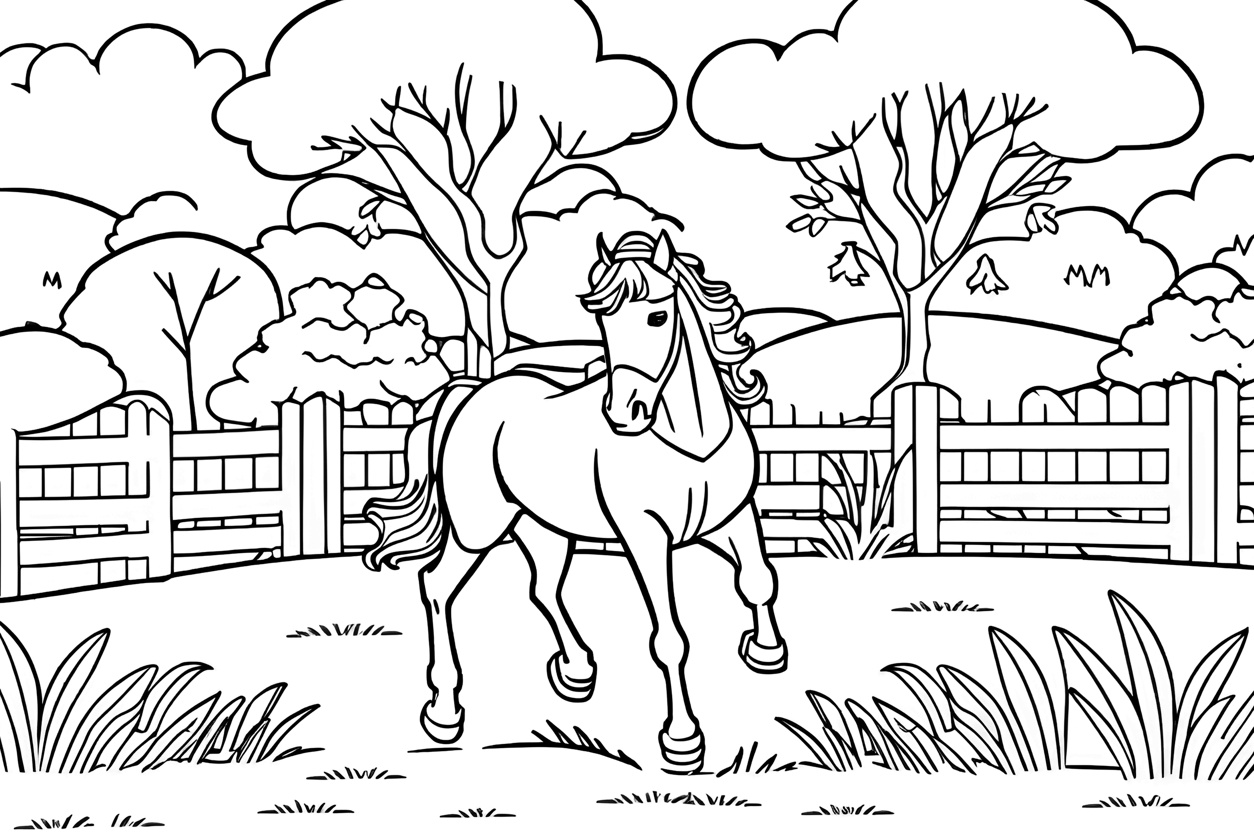 Coloring page of a horse, created from a reference photo by generative AI similar as MidJourney and ChatGPT