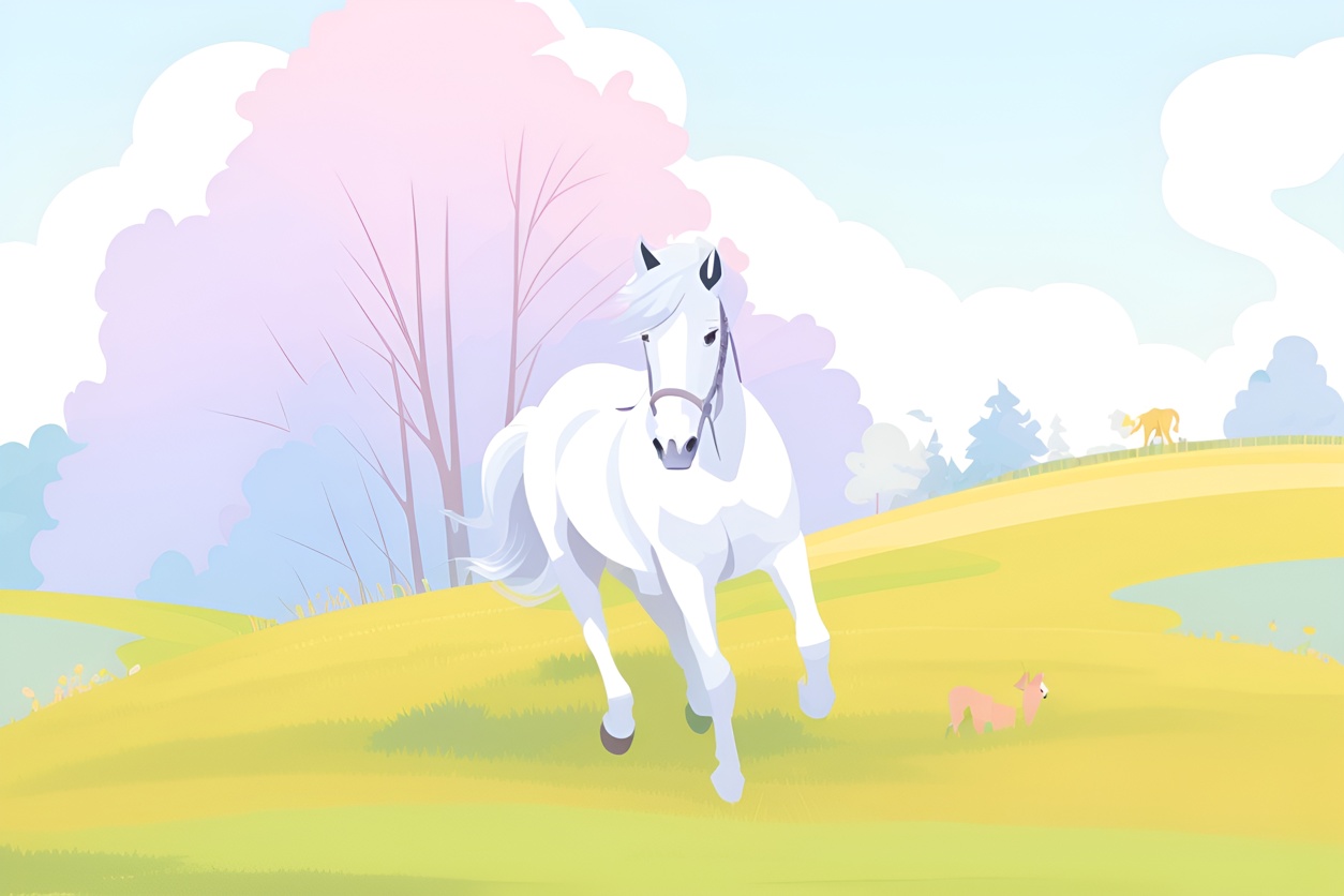 Vector art picture of a white horse running, created from a reference photo by generative AI similar as MidJourney and ChatGPT