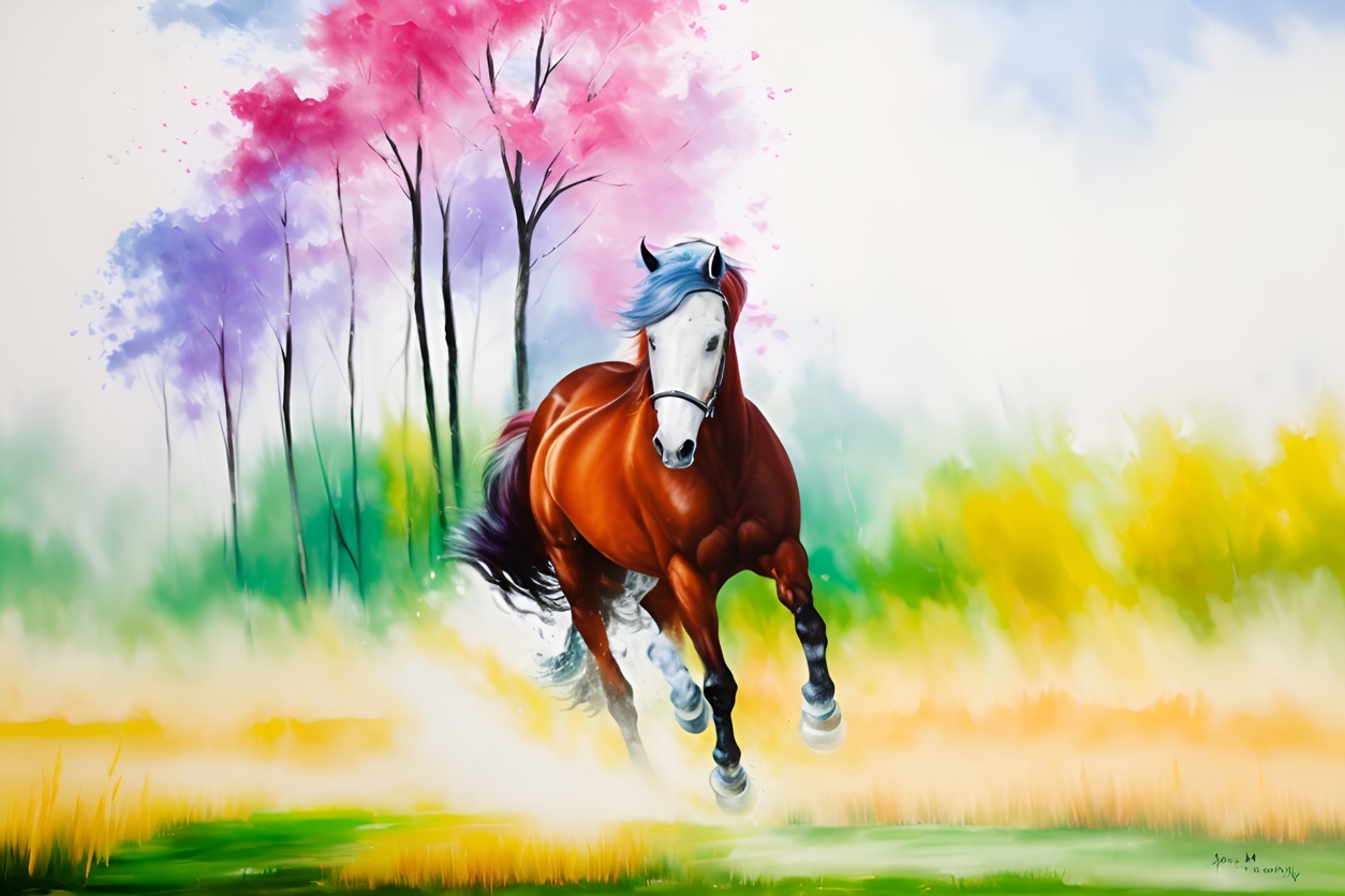 Vibrant painting of a running horse, created from a reference photo by generative AI similar as MidJourney and ChatGPT