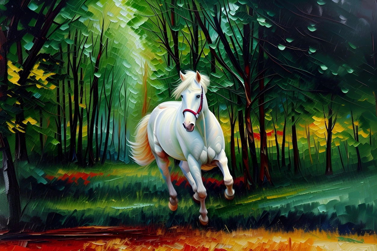 Vibrant painting of a running horse, created from a reference photo by generative AI similar as MidJourney and ChatGPT