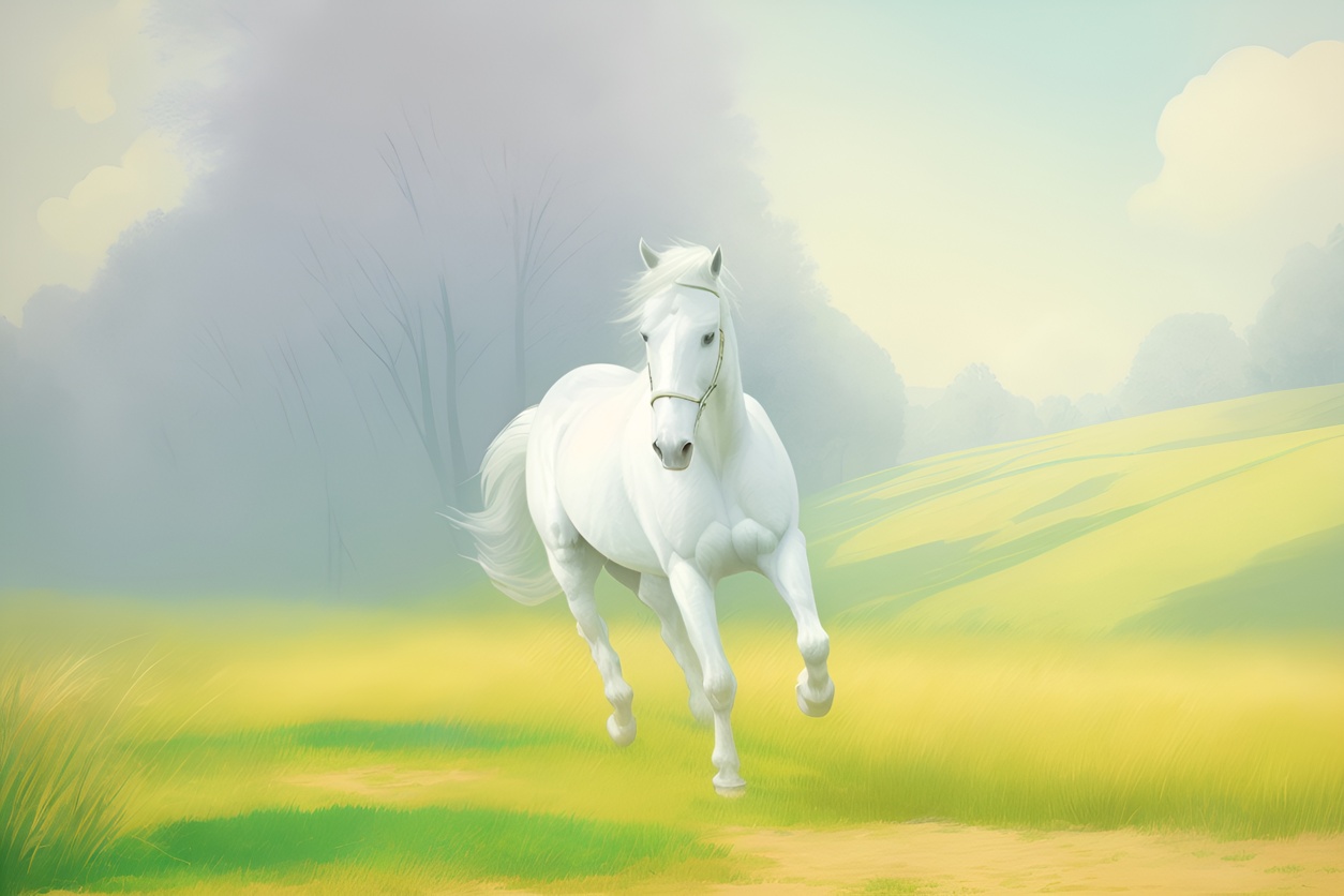 Vintage drawing of a white horse running, created from a reference photo by generative AI similar as MidJourney and ChatGPT