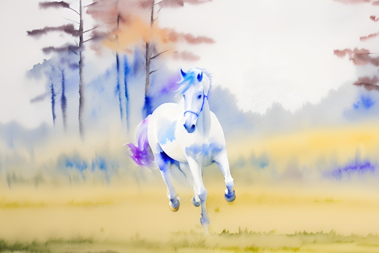 Watercolor painting of a white hose running, created from a reference photo by generative AI similar as MidJourney and ChatGPT