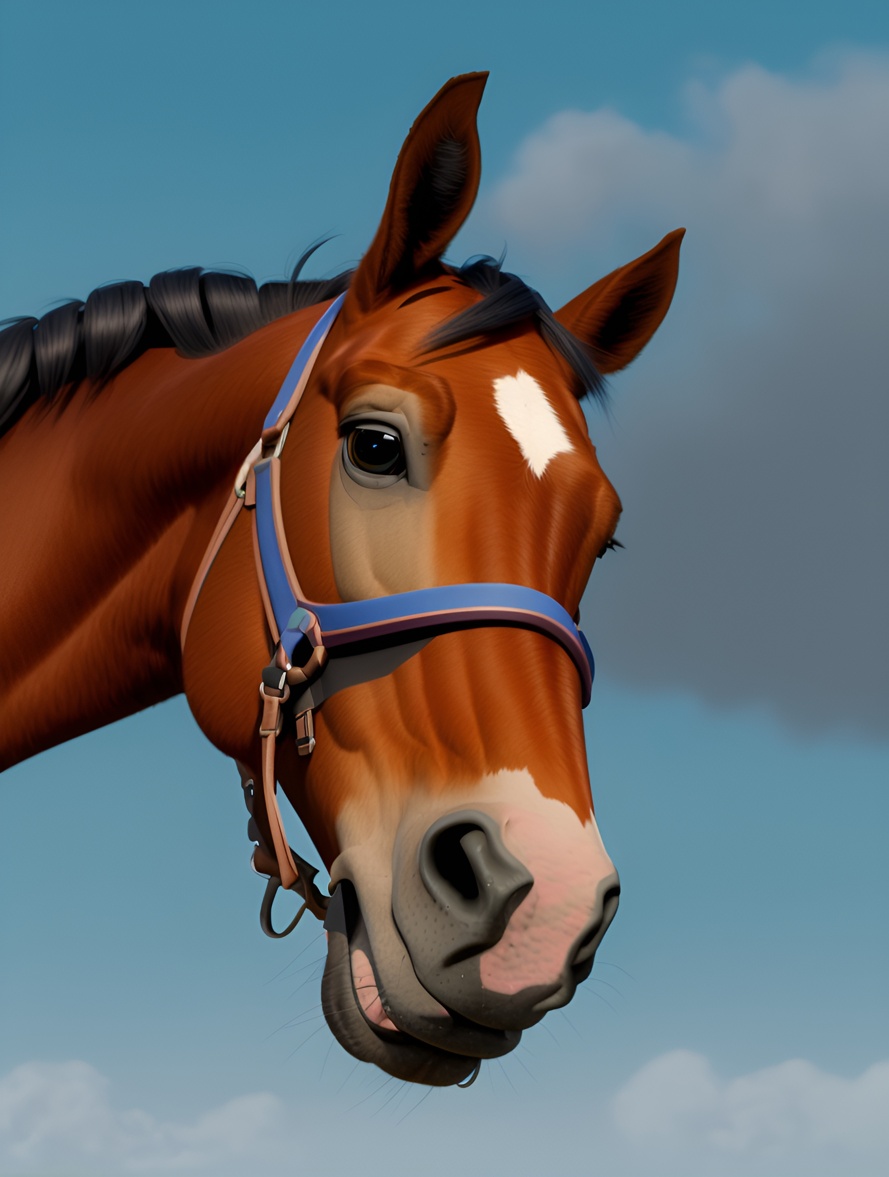 3D cartoon of a horse head closeup, created from a reference photo by generative AI similar as MidJourney and ChatGPT
