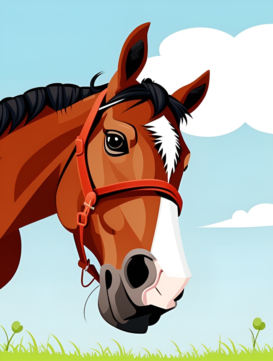 Cartoon drawing of a horse closeup, created from a reference photo by generative AI similar as MidJourney and ChatGPT
