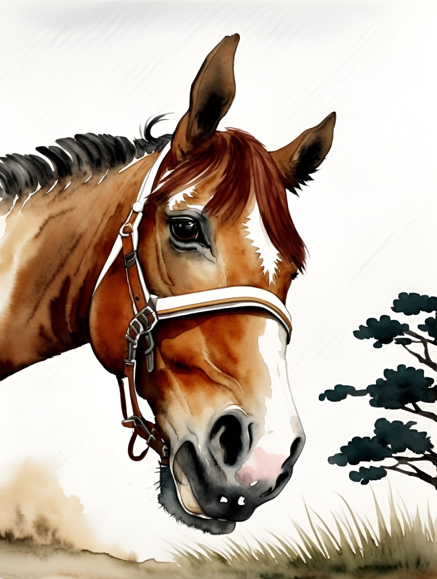 Chinese ink painting of a horse head closeup, created from a reference photo by generative AI similar as MidJourney and ChatGPT