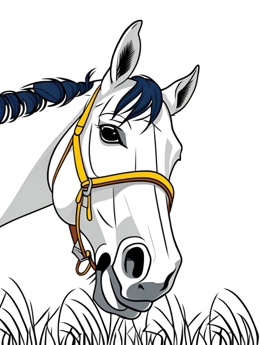 Line art picture of a horse head closeup, created from a reference photo by generative AI similar as MidJourney and ChatGPT