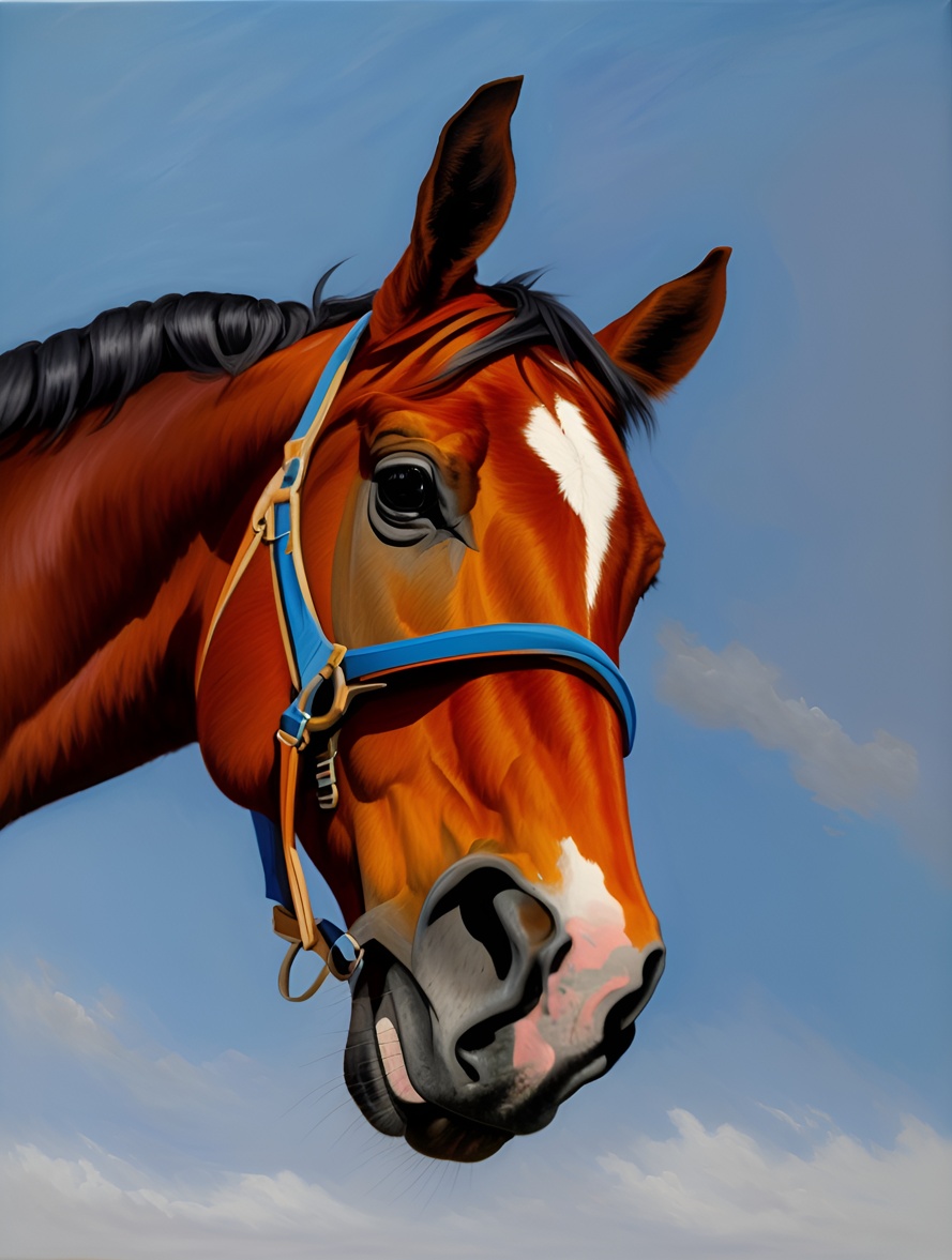 Oil painting of a horse head closeup, created from a reference photo by generative AI similar as MidJourney and ChatGPT