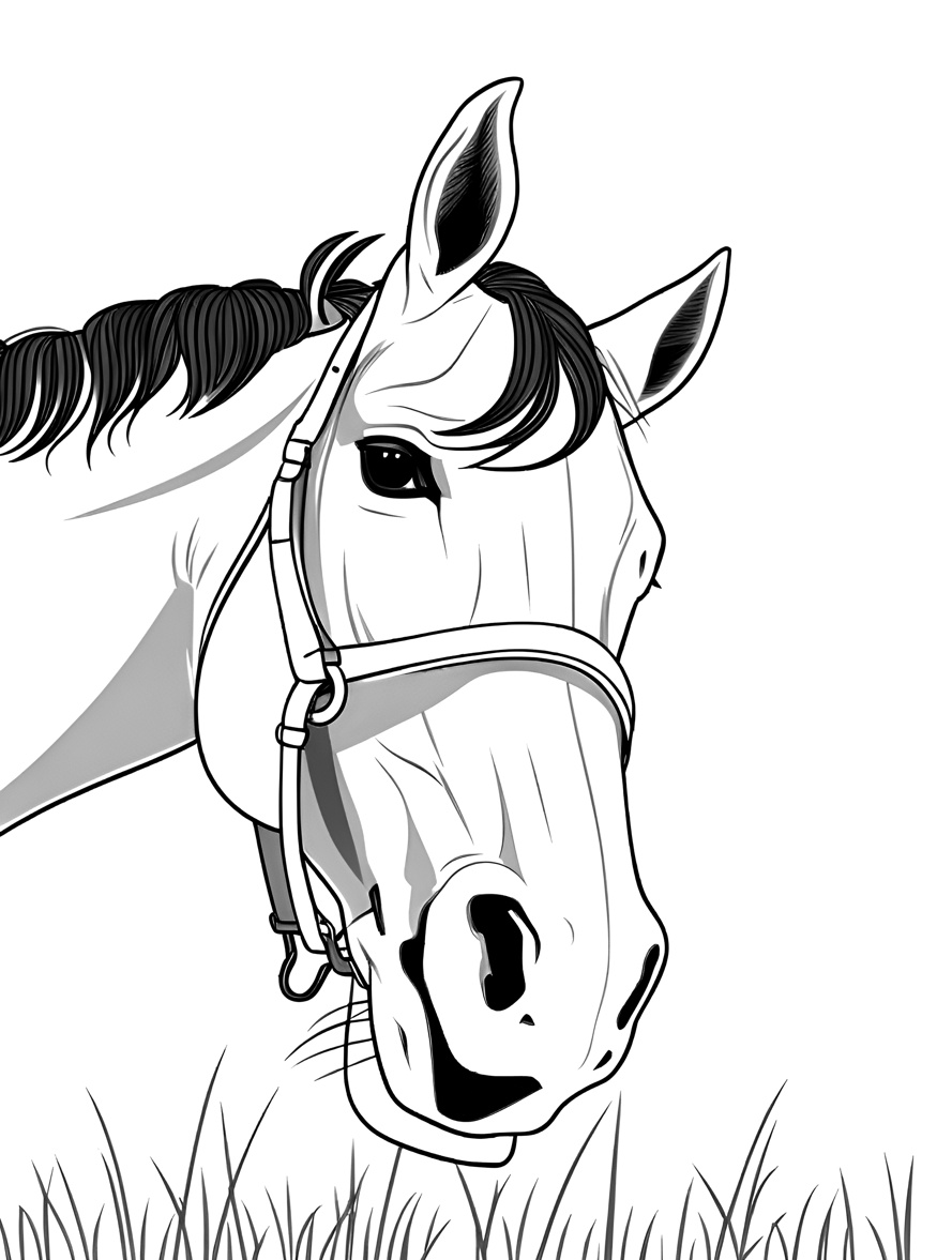 Line sketch drawing of a horse head closeup, created from a reference photo by generative AI similar as MidJourney and ChatGPT