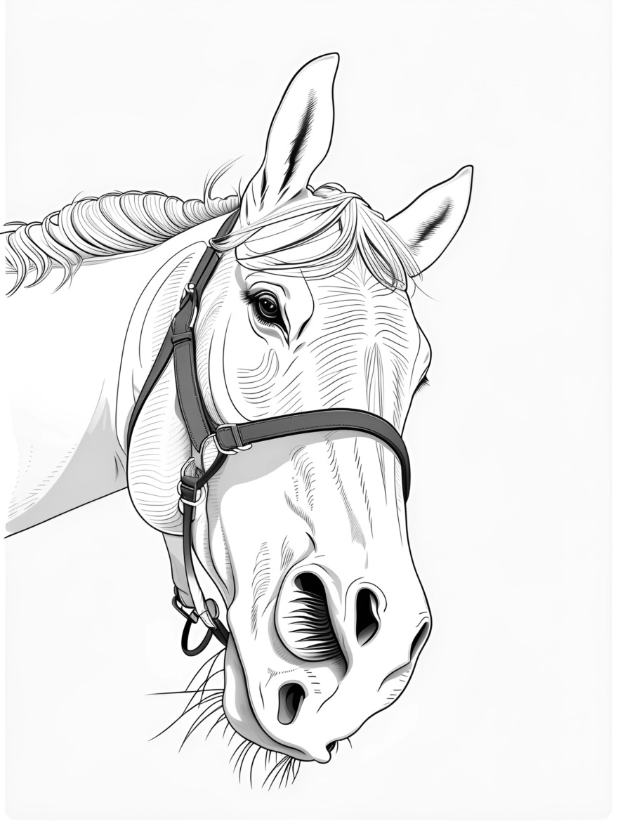 Dessin de croquis de ligne d'un cheval, créé à partir d'une photo de référence avec une AI générative similaire à celle de MidJourney