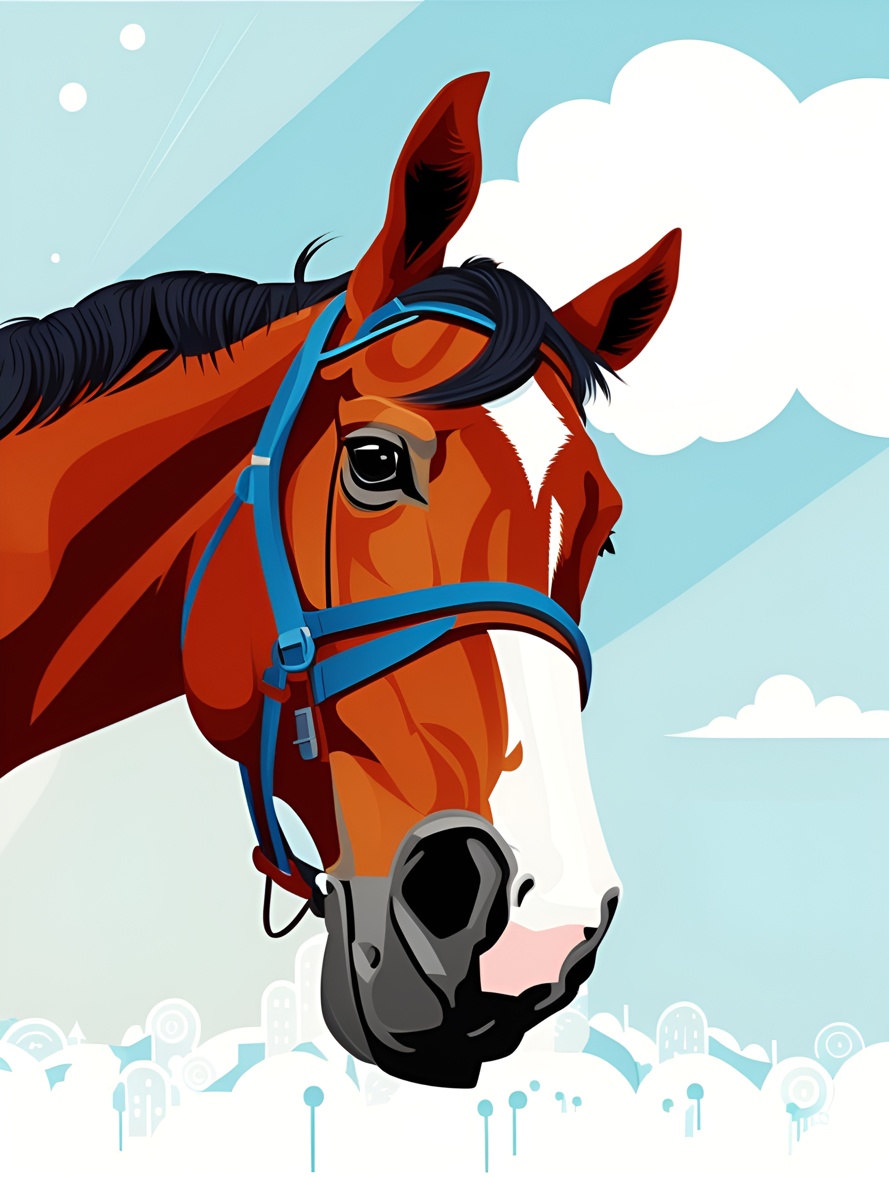 Vector art picture of a horse head closeup, created from a reference photo by generative AI similar as MidJourney and ChatGPT