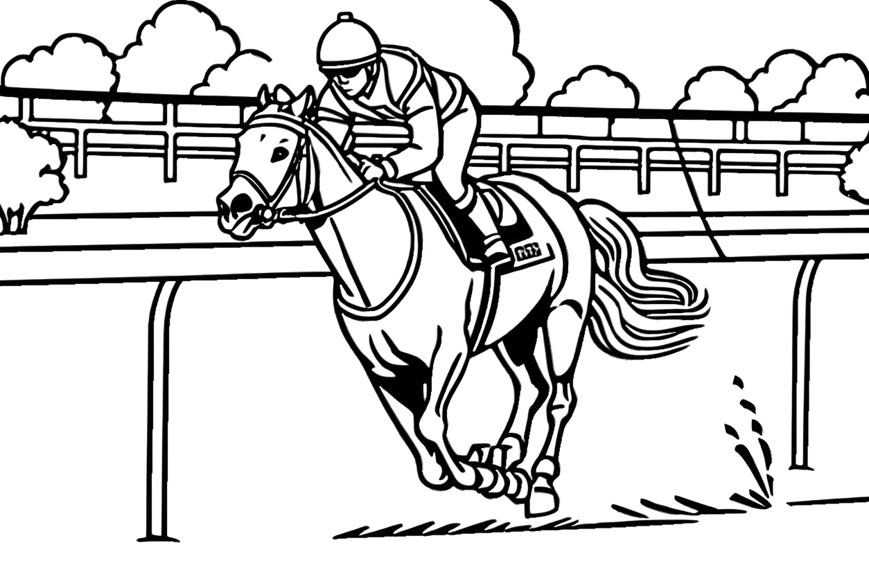 Coloring page of horse racing, created from a reference photo by generative AI similar as MidJourney and ChatGPT