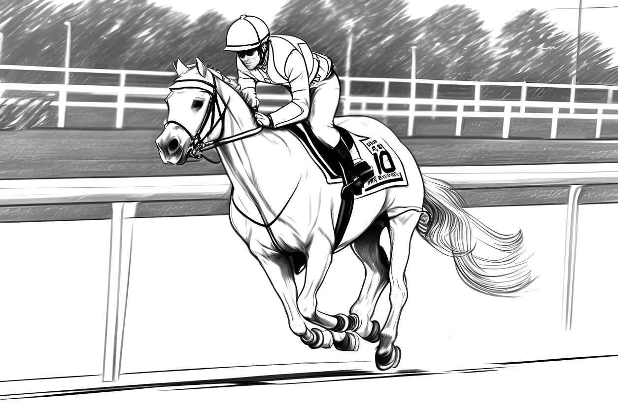 Line sketch of a person riding horse, created from a reference photo by generative AI similar as MidJourney and ChatGPT