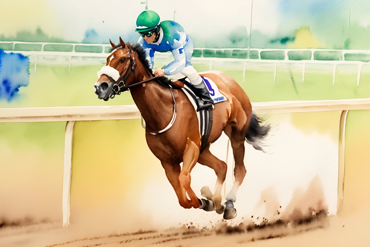 Watercolor painting of horse racing, created from a reference photo by generative AI similar as MidJourney and ChatGPT