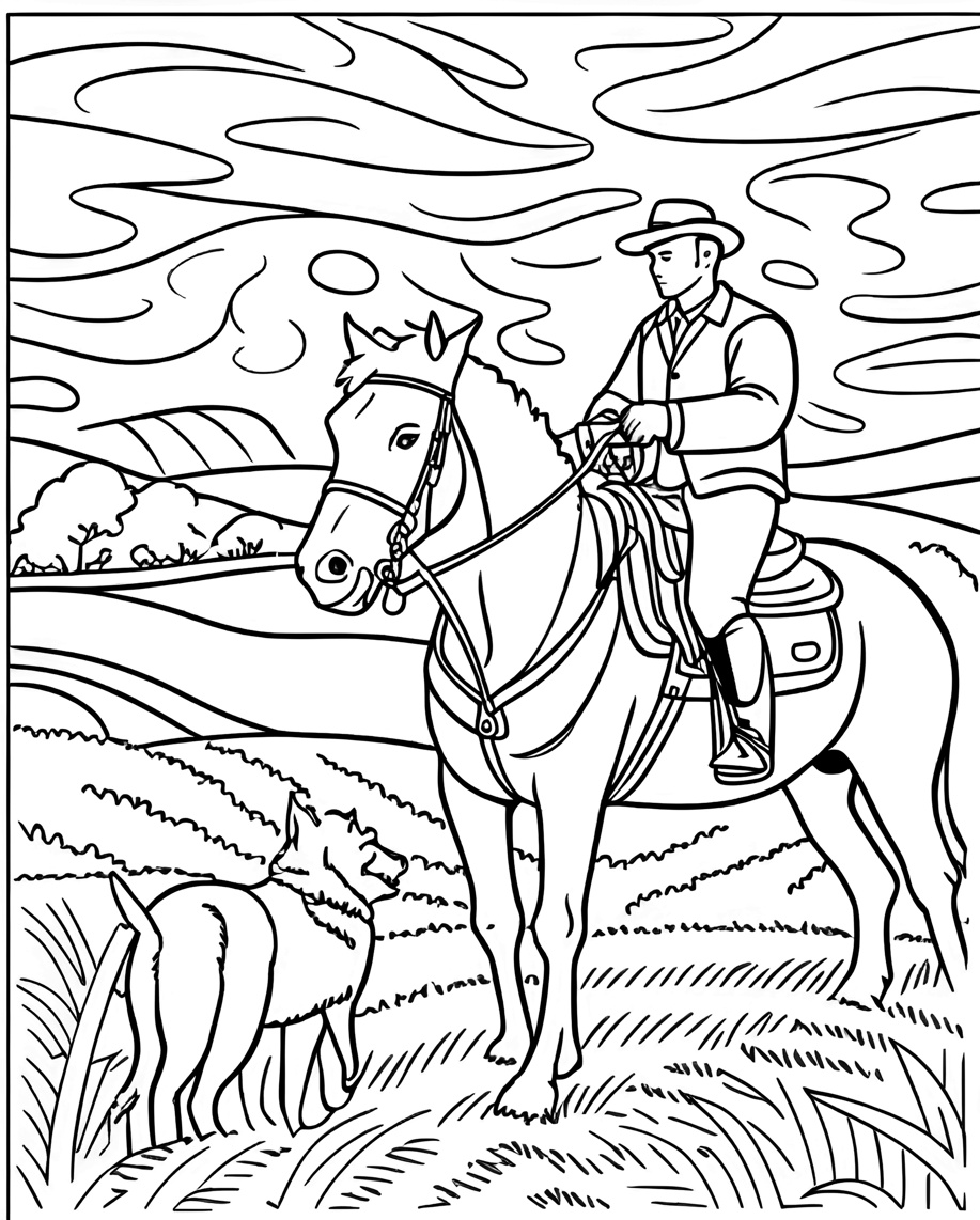 Coloring page of a man riding a horse, created from a reference photo by generative AI similar as MidJourney and ChatGPT