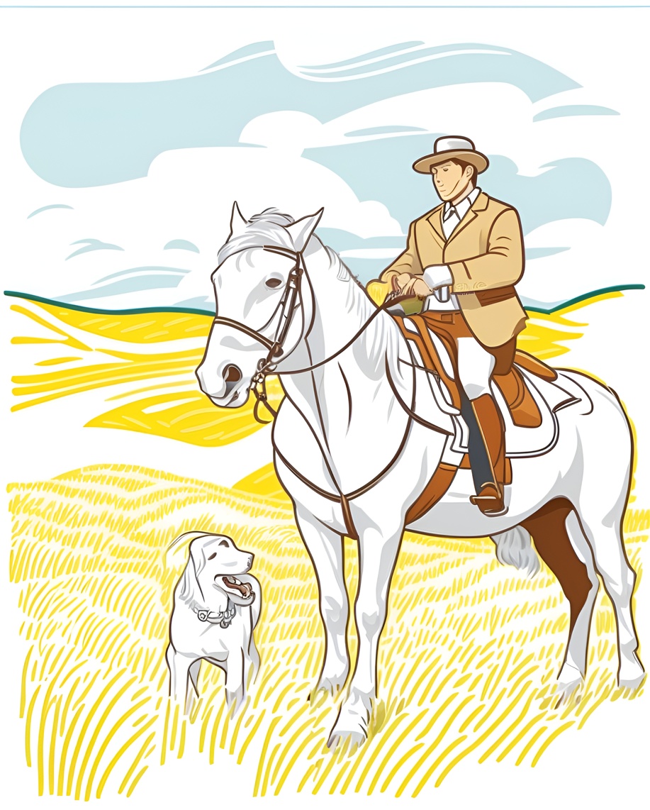 Line art of a man riding a horse, created from a reference photo by generative AI similar as MidJourney and ChatGPT