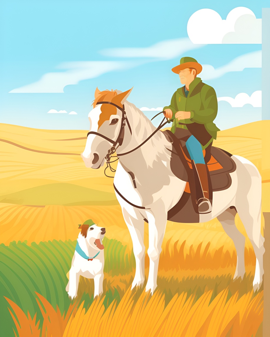 Vector art picture of a man riding a horse, created from a reference photo by generative AI similar as MidJourney and ChatGPT
