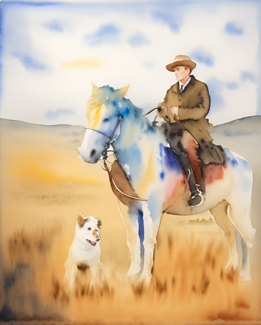 horse riding watercolor painting made from a photo, with PortraitArt App