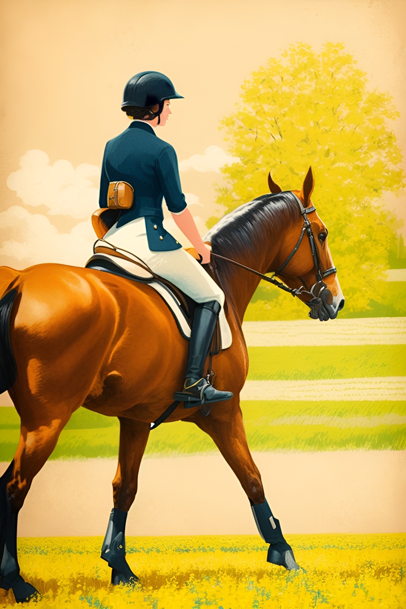 Vintage painting of a lady riding a horse, created from a reference photo by generative AI similar as MidJourney and ChatGPT