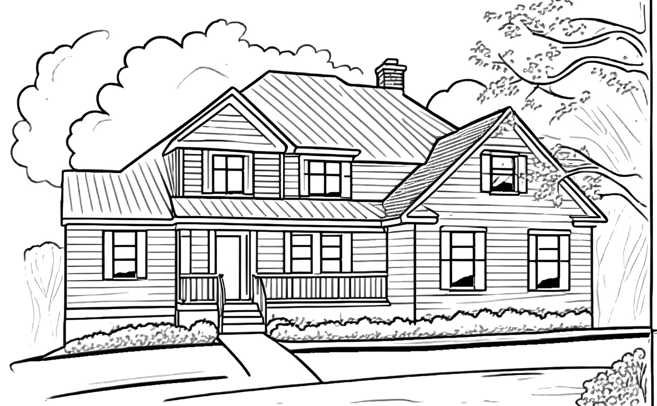 Coloring page of a house, created from a reference photo by generative AI similar as MidJourney and ChatGPT