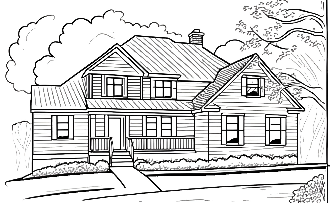 Coloring page of a house, created from a reference photo by our AI art generator