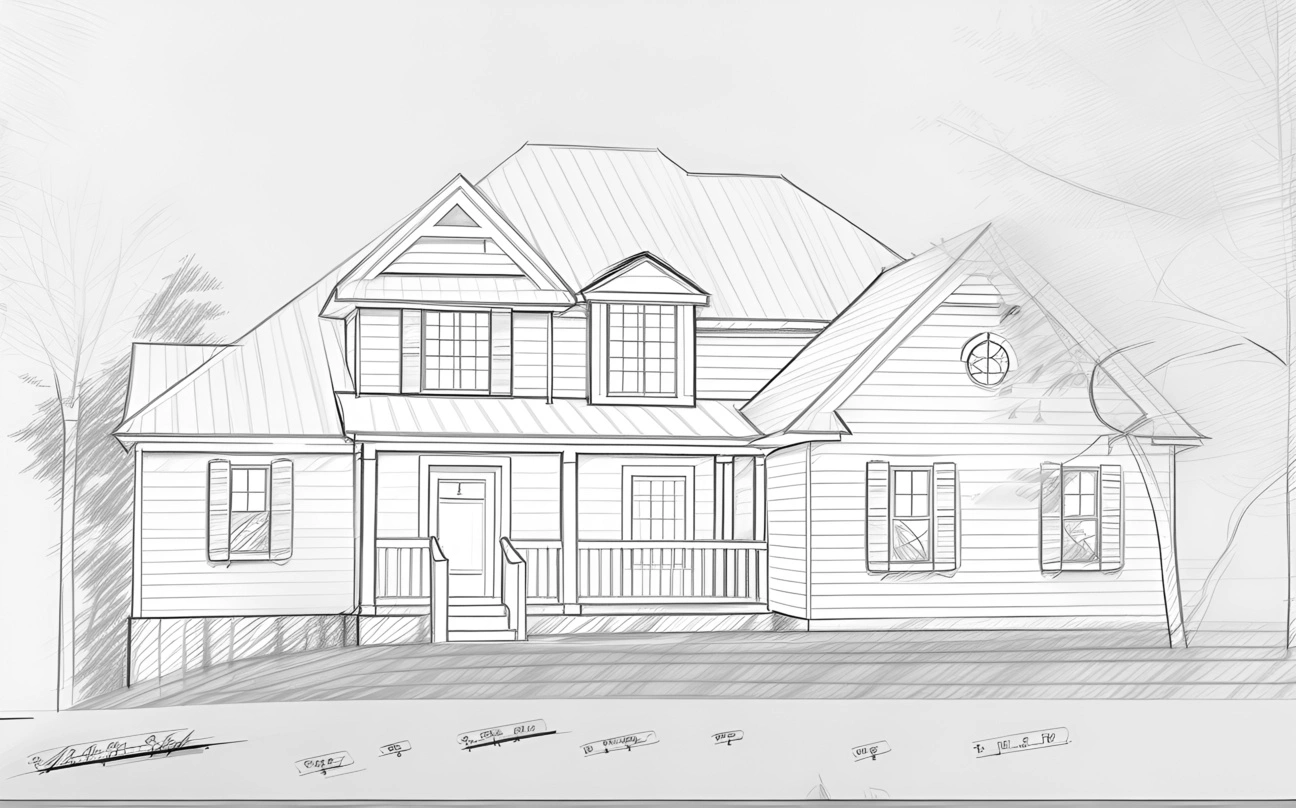 Pencil sketch drawing of a house, created from a reference photo by generative AI similar as MidJourney and ChatGPT