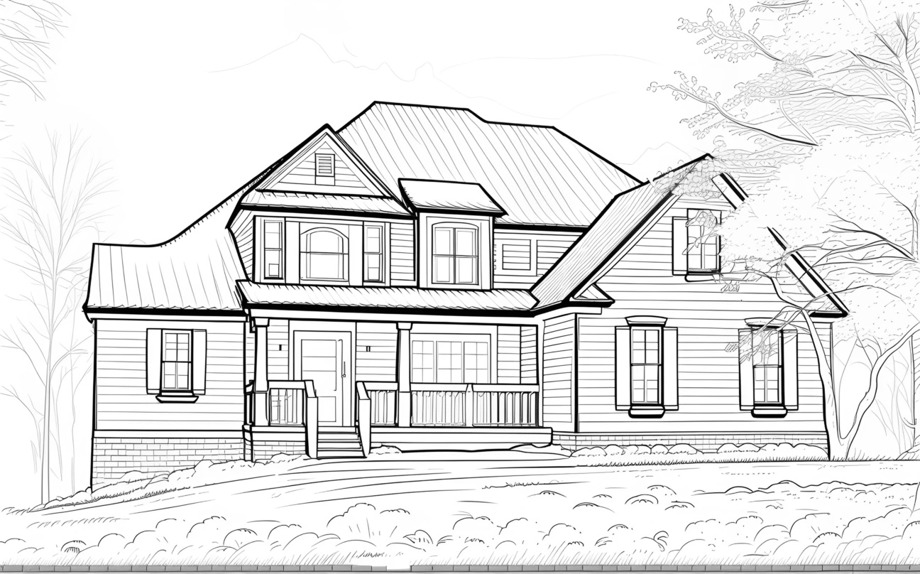 Dessin de croquis de ligne d'une maison, créé à partir d'une photo de référence avec une AI générative similaire à celle de MidJourney