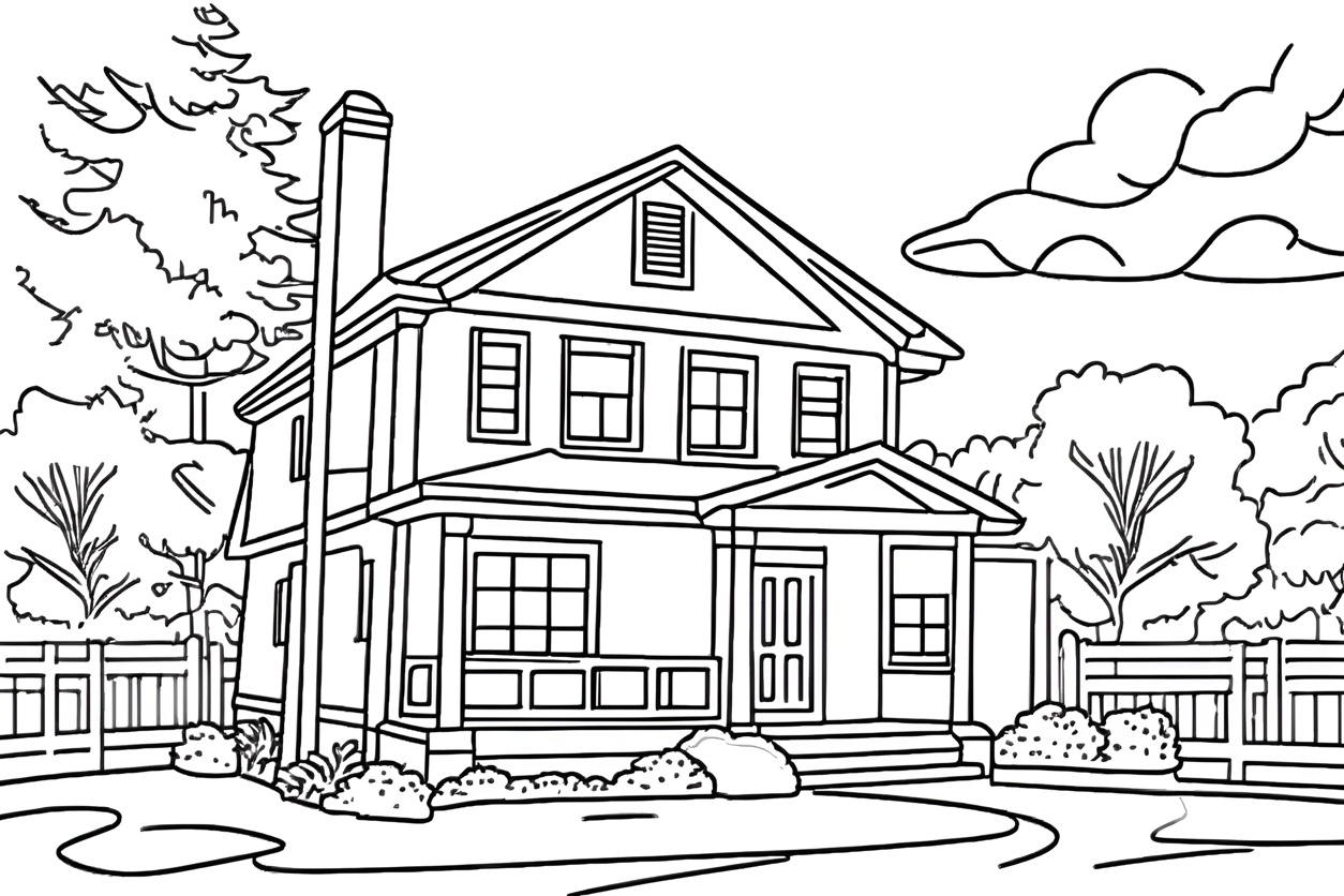 Coloring page of a house, created from a reference photo by generative AI similar as MidJourney and ChatGPT