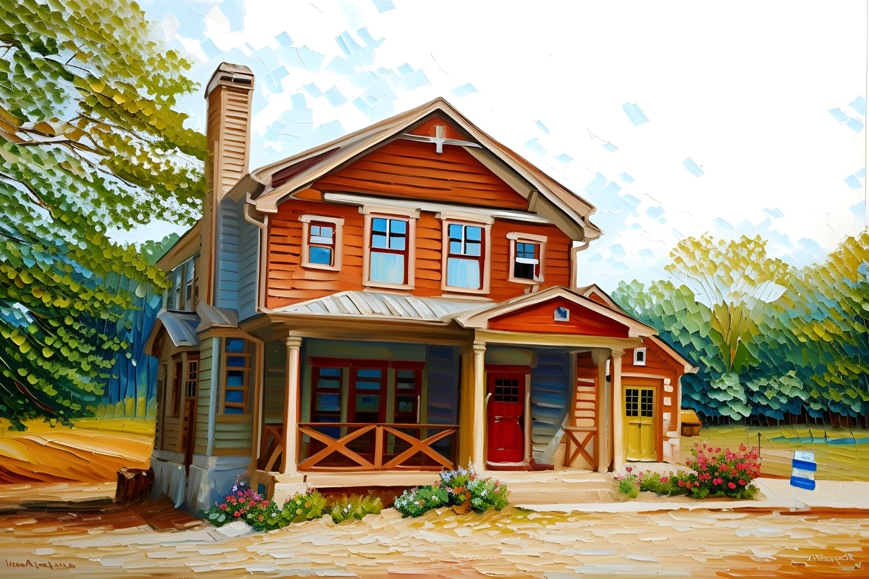 Oil painting of a house, created from a reference photo by generative AI similar as MidJourney and ChatGPT