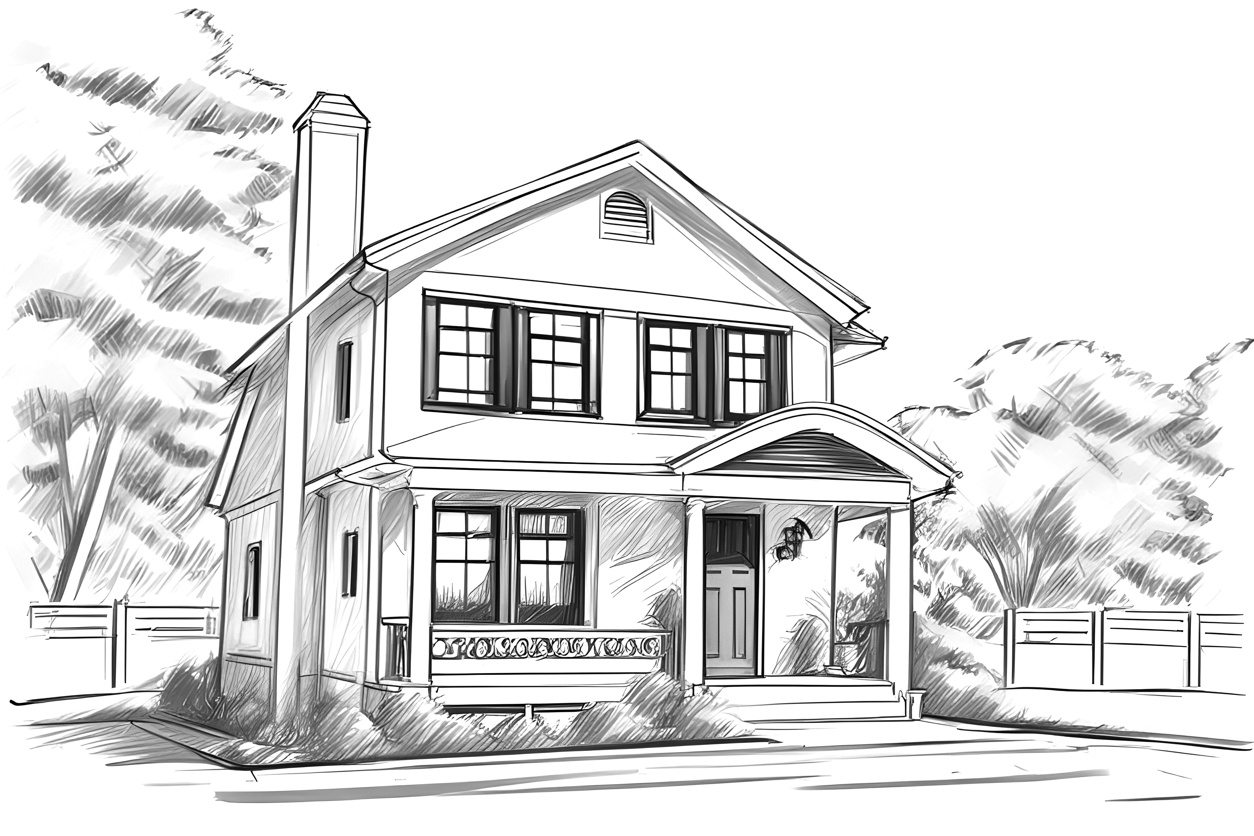 Line sketch drawing of a house, created from a reference photo by generative AI similar as MidJourney and ChatGPT