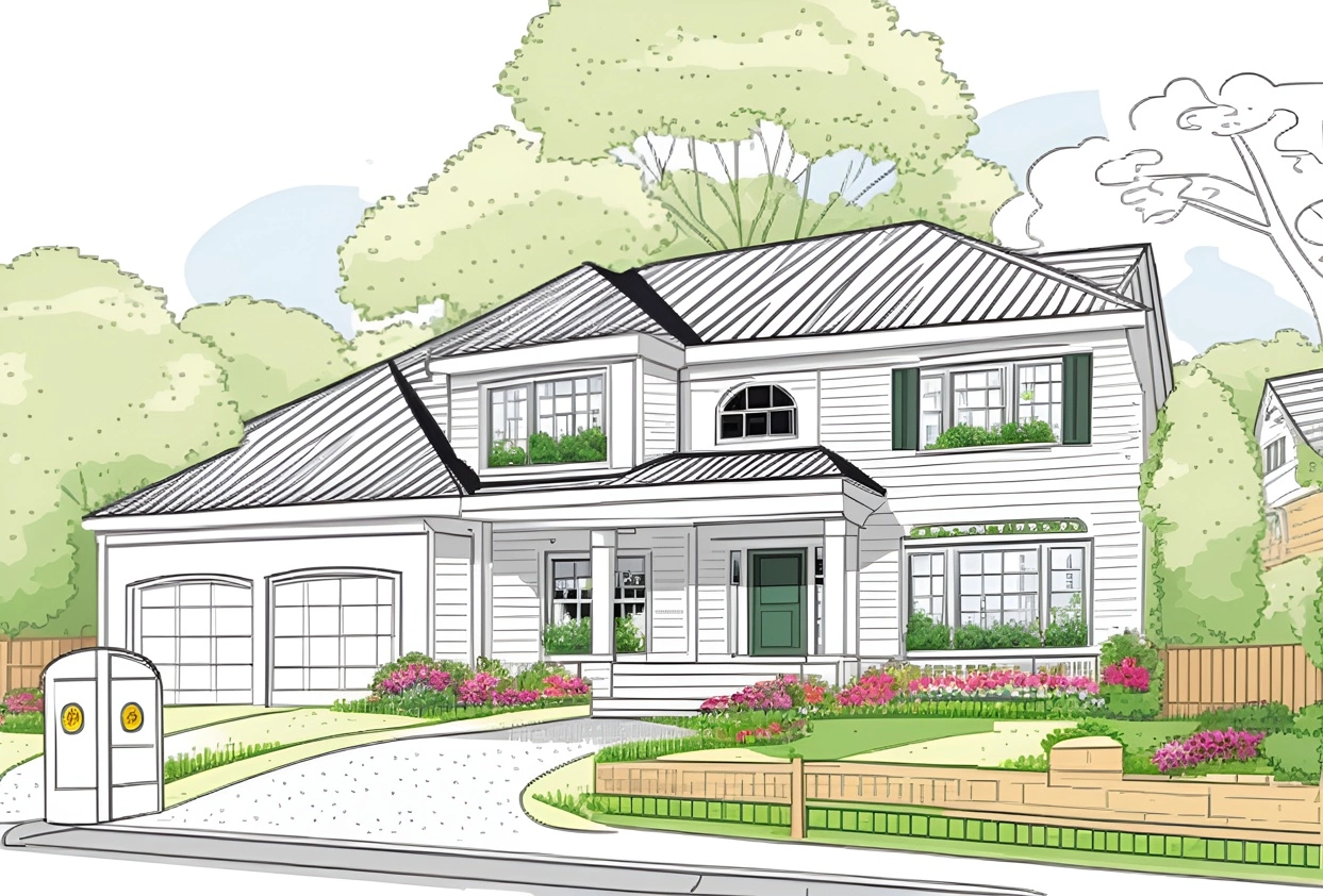 line art picture of a house, created from a reference photo by our AI art generator