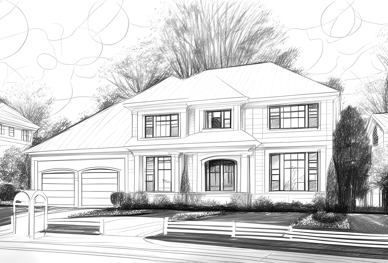 line sketch of a house, created from a reference photo by generative AI similar as MidJourney and ChatGPT
