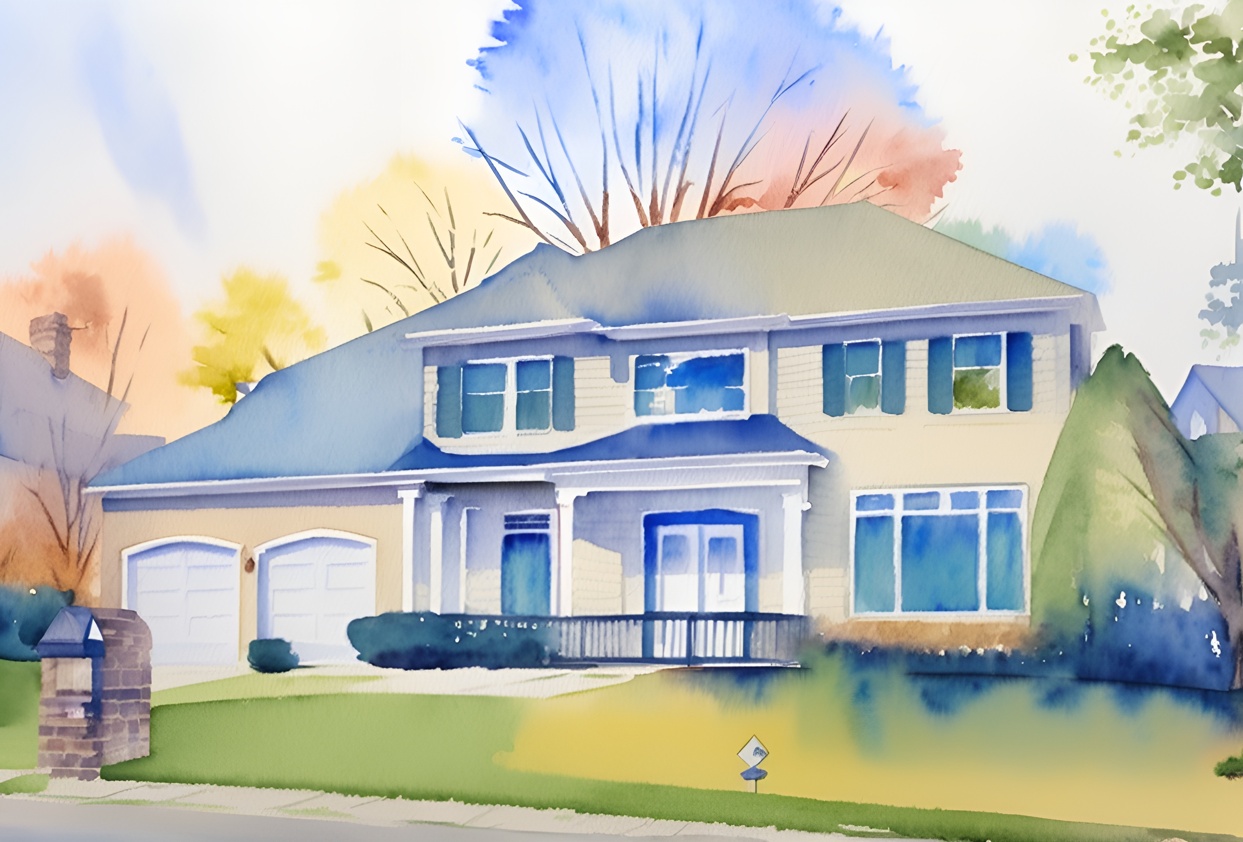 A watercolor painting of a house from a reference photo, by generative AI similar as midjourney and ChatGPT
